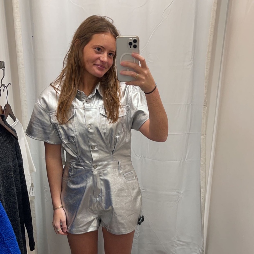 REVOLVE Silver Short-Sleeve Metallic Romper